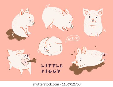 Cute pigs. Colored vector set. All elements are isolated. Pink background