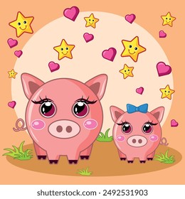 Cute pigs concept. Flora and fauna, nature. Cartoon flat vector illustration. Children's illustration.