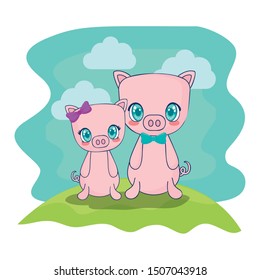 cute pigs couple characters vector illustration