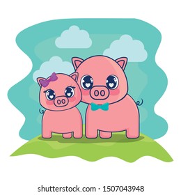 cute pigs couple characters vector illustration