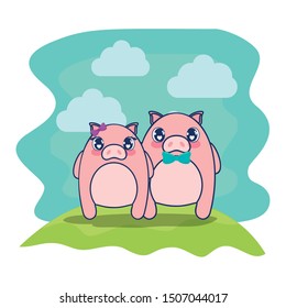 cute pigs couple characters vector illustration