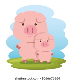 cute pigs father and son characters