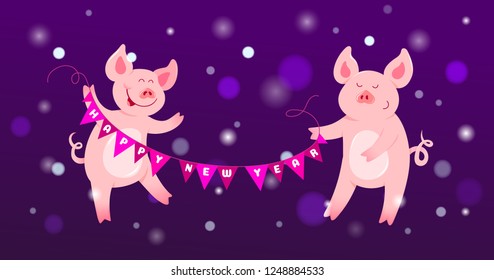 Cute pigs with garland 2019 winter card. Happy New Year funny cartoon piglet, character symbol on purple snowy background. Vector illustration for greeting poster, print design, party invitation
