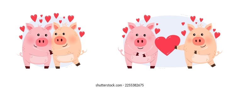 Cute pigs with hearts for Valentine’s Day. Concept of cartoon style animal couple in love. Drawings for invitation, cards, poster. Vector illustration