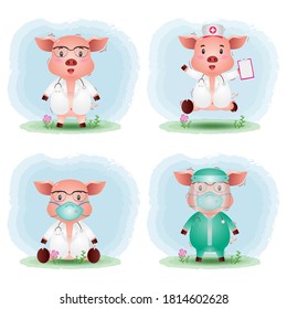 cute pigs with medical staff team doctor and nurse costume collection