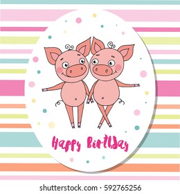 Cute pigs on multicolored background with stripes. Can be used for birthday cards, baby announcement, invitations.