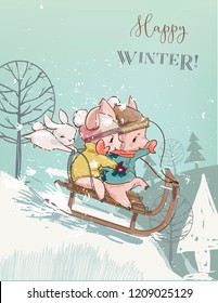 Cute pigs on sleigh