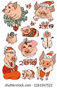 Cute pigs in pastel colors - a symbol of the new year on the Chinese calendar. A group of different piglets in the same style.