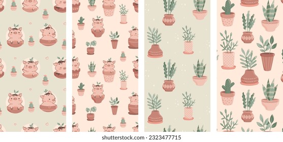 Cute Pigs in Pots: Set of Seamless Patterns with Plants and Home Decor" - Immerse yourself in the adorable world of pigs in pots with this unique set of seamless patterns. Create a cozy atmosphere