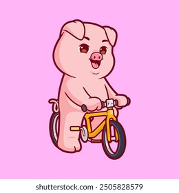 Cute Pigs riding bicycle vector mascot logo. Animal transportation icon concept illustration.