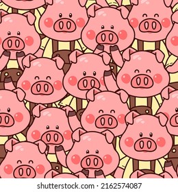 Cute pigs. Seamless pattern with kawaii characters. Colorful vector art.