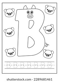 Cute Pigs set. Letter B . Alphabet tracing practice English handwriting. Coloring book for kids. Activity Book. Letters preschool worksheet. English language study.