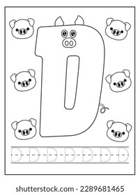 Cute Pigs set. Letter D . Alphabet tracing practice English handwriting. Coloring book for kids. Activity Book. Letters preschool worksheet. English language study.