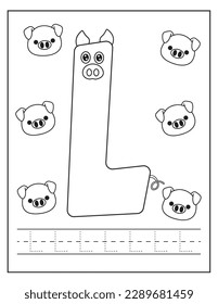 Rute Schweine Set. Buchstabe L. Alphabet Tracing üben englische Handschrift. Farbbuch für Kinder. Aktivitätsbuch. Briefe im Vorschulblatt. Englischsprachiges Lernen.