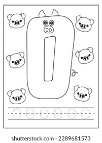Rute Schweine Set. Buchstabe O Alphabet Tracing üben englische Handschrift. Farbbuch für Kinder. Aktivitätsbuch. Briefe im Vorschulblatt. Englischsprachiges Lernen.