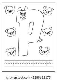 Cute Pigs set. La práctica de seguimiento de letras P. Alphabet es la escritura a mano en inglés. Libro de colorear para niños. Libro de actividades. Cartas de la hoja de cálculo preescolar. Estudios en inglés.
