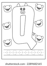 Cute Pigs set. Letra Q. Práctica de rastreo de alfabetos Escritura a mano en inglés. Libro de colorear para niños. Libro de actividades. Cartas de la hoja de cálculo preescolar. Estudios en inglés.