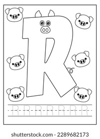 Cute Pigs set. Letter R. Alphabet tracing practice English handwriting. Coloring book for kids. Activity Book. Letters preschool worksheet. English language study.