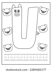 Rute Schweine Set. Buchstabe U. Alphabet Tracing üben englische Handschrift. Farbbuch für Kinder. Aktivitätsbuch. Briefe im Vorschulblatt. Englischsprachiges Lernen.