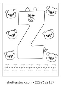 Cute Pigs set. Letter Z. Alphabet tracing practice English handwriting. Coloring book for kids. Activity Book. Letters preschool worksheet. English language study.