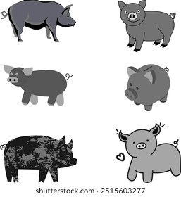 Cute pigs set vector illustration, blackish color set.