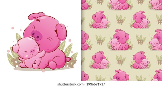 The cute pigs sitting on the grass with the coloured seamless pattern of illustration