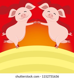 Cute pigs standing on a red background.