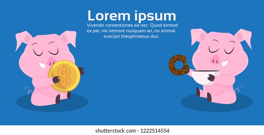 cute pigs symbol of 2019 chinese new year hold money dollar coin eat donuts merry christmas holiday concept flat horizontal copy space vector illustration