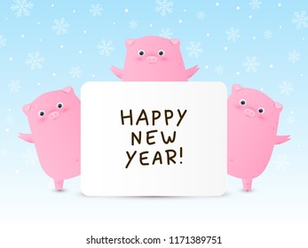 Cute pigs - a symbols of the New Year 2019 - with paper greeting