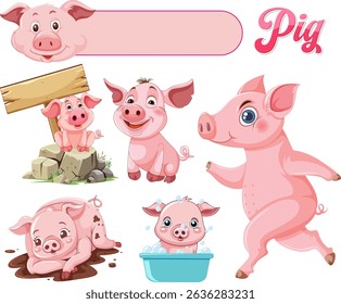Cute pigs in various playful activities