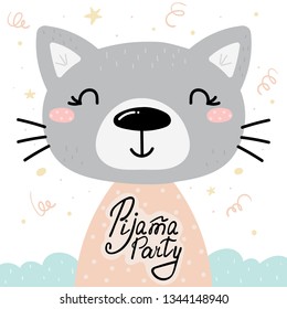 Cute Pijama Party card with hand drawn cat. vector print.