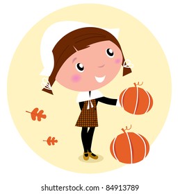 Cute Pilgrim Child during Thanksgiving day - vector cartoon Illustration.