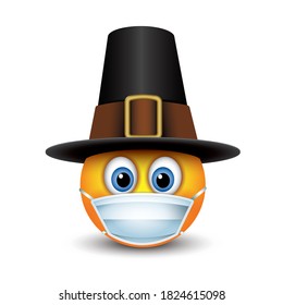 Cute Pilgrim emoticon mit chirurgischer Maske Thanksgiving Emoji Vektorgrafik