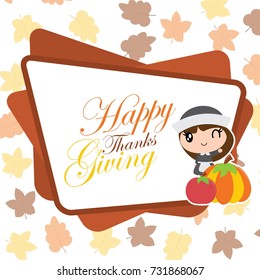 Cute pilgrim girl and pumpkin frame on maple leaves background vector cartoon illustration for thanksgiving's day card design, wallpaper and greeting card 