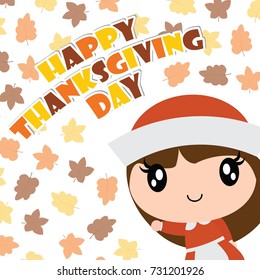 Cute pilgrim girl smiles on maple leaves background vector cartoon illustration for happy thanksgiving's day card design, wallpaper and kid t-shirt design