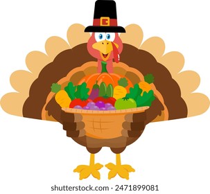 Cute Pilgrim Turkey Bird Cartoon Character Holding Basket Of Fruits And Vegetables. Vector Illustration Flat Design Isolated On Transparent Background