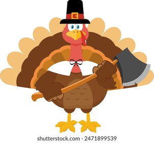 Cute Pilgrim Turkey Bird Cartoon Character Holding A Axe. Vector Illustration Flat Design Isolated On Transparent Background