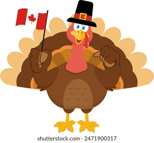 Cute Pilgrim Turkey Bird Cartoon Character Waving Canada Flag And Giving The Thumbs. Vector Illustration Flat Design Isolated On Transparent Background