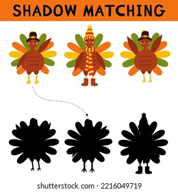 Cute Pilgrim Turkey Shadow Matching Activity For Children. Bird Animal Character Wearing A Pilgrims Hat. Find The Correct Silhouette Printable Worksheet.