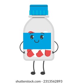 Cute pill bottle character vector isolated. Plastic container full of pills, funny character smiling. Concept of medicine, pharmacy and healthcare.