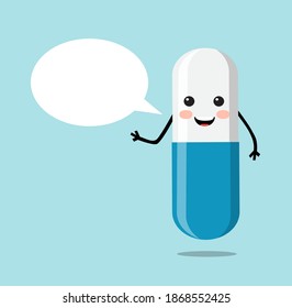 cute pill capsule and dialogue bubble on blue background