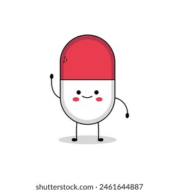 Cute Pill cartoon character waving hand hi doodle