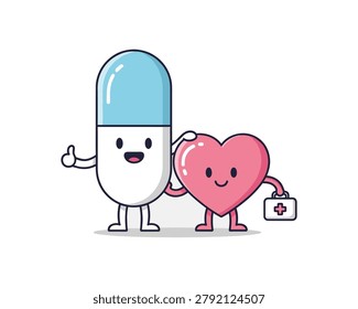 Cute Pill and Heart Characters Promoting Wellness in a Friendly Cartoon Environment