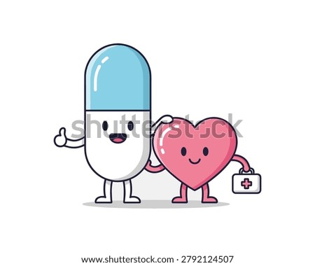 Cute Pill and Heart Characters Promoting Wellness in a Friendly Cartoon Environment