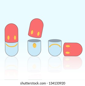 Cute pill on blue background.