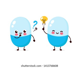 Cute pill with question mark and lightbulb character. Vector flat cartoon character illustration icon design. Isolated on white background. Pill have idea concept