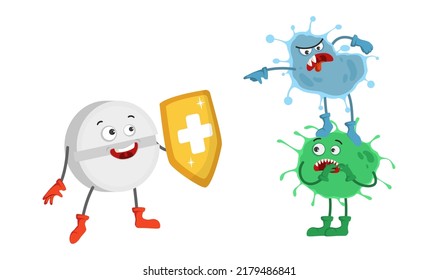 Cute pill tablet superhero character with shield fighting against virus, microbe and bacteria vector illustration. Medical kid doctor drug holding back disease enemy isolate on white background