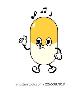 Cute pill walking singing character. Vector hand drawn traditional cartoon vintage, retro kawaii character illustration icon. Isolated white background. Happy pill walk sing character