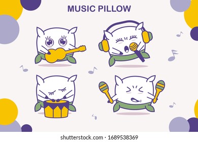 Cute Pillow Cartoon Charachters playing music tools vector illustration
