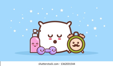 cute pillow dumbbell soap bottle and alarm clock cartoon comic characters with smiling face happy emoji kawaii style horizontal
